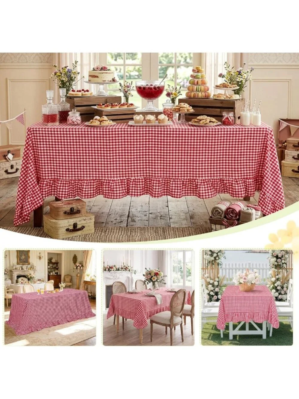Red & White Gingham Ruffled Tablecloth - 100% Cotton, Rectangular for Farmhouse